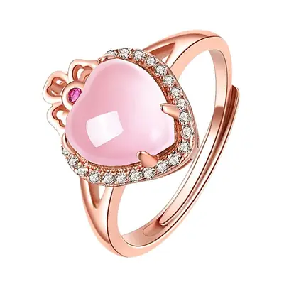 Pink Crystal Hollow Love Crown Ring with Diamond Set