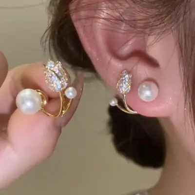 South Korea Dongdaemun Pearl Flower Earrings Gold Plated
