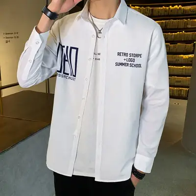 Men's Navy Blue Printed Long Sleeve Korean Style Shirt