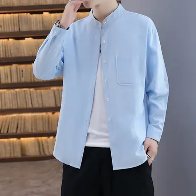 Men Light Blue Button Collar Shirt Long Sleeve