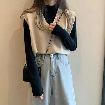 Women V-Neck Knitted Vest Blue Autumn 2025