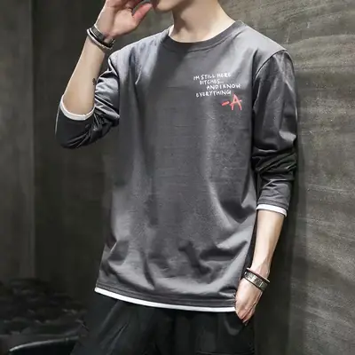 Men's White Long Sleeve T-Shirt Plain Round Neck