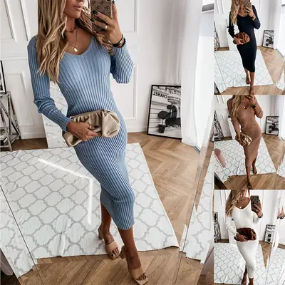 Black Ribbed V-Neck Long Sleeve Dress