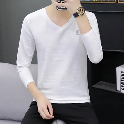 Men's 2020 V-Neck Long Sleeve White T-Shirt