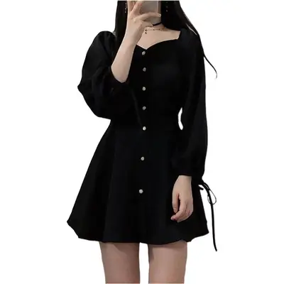 Black Single Breasted Puff Sleeve Dress for Women