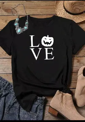 Halloween Love Graphic T-Shirt Grey Short Sleeve