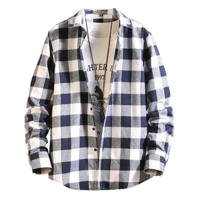 Men's Blue Plaid Long Sleeve Jacket with Collar