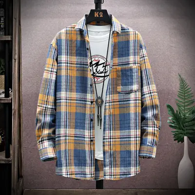 Men's Plaid Long Sleeve Shirt Blue Yellow Loose Fit