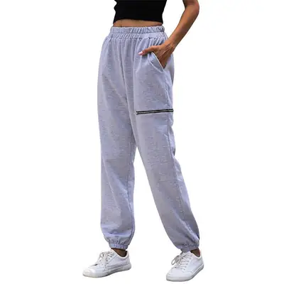 Women Grey Zipper Casual Pants High Waist Sports