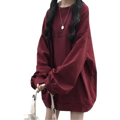 Women Loose Sweatshirt Maroon Long Sleeve 2025