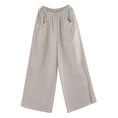 Women Cotton Linen Wide Leg Pants Black Large