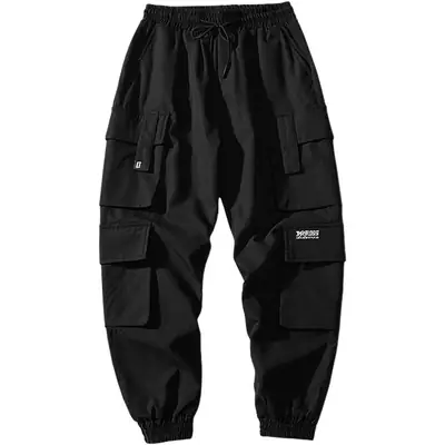 Men's Black Embroidered Cargo Pants with Multi-Pockets