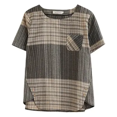 Artistic Striped Cotton Linen T-Shirt Green Loose Fit