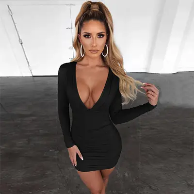 Blue Long Sleeve V-Neck Dress for Women