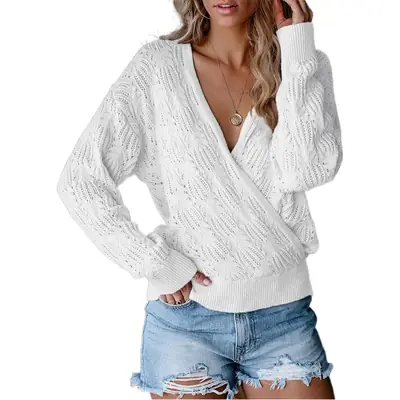 Women Knitted Crossbody Sweater Orange Long Sleeve Hollow Top