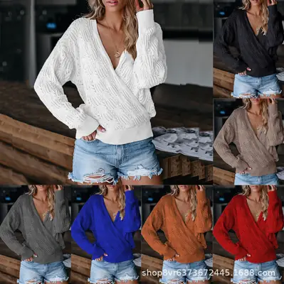 Women Knitted V-Neck Sweater White Long Sleeve