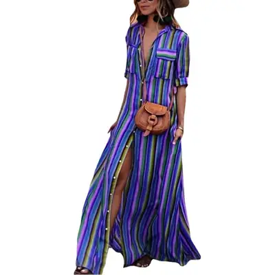 Cross-Border Striped High-Waist V-Neck Dress