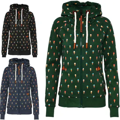 Women Velvet Printed Hooded Sweatshirt Jacket Green Blue