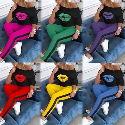 Women Pink Black Lip Print Track Suit Yellow Pants