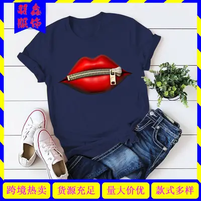 Women's Black T-Shirt with Red Lip Print Design