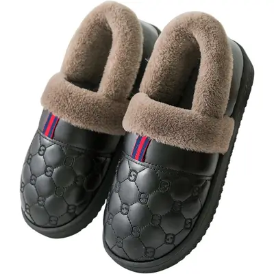 Men's Winter Cotton Slippers for Couples, Closed Heel, Thick Sole, Non-Slip, Warm, Waterproof, Pu Leather Surface, Women's Home Maternity Shoes, Indoor Winter Use