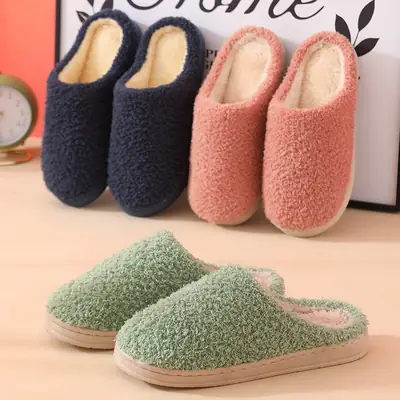 Autumn and Winter Cotton Slippers Women's Bag with Solid Color Warm Home Wool Slippers Men's Couple's Indoor Thick-soled Non-slip Moon Shoes