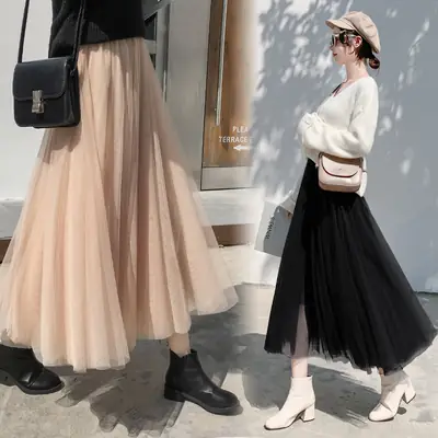Black Gauze Pleated Skirt Mid Length Women Winter