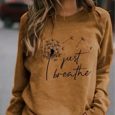 Blue Cotton Loose Crewneck Sweatshirt with "Just I Breathe" Design
