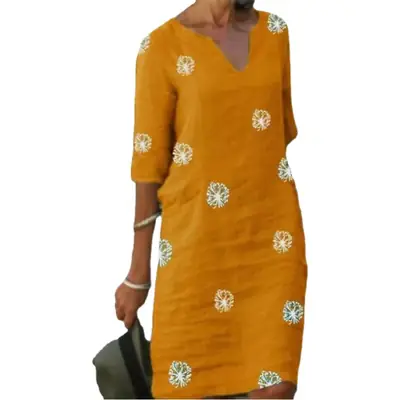 2021 Retro Print Long Sleeve V Neck Dress Grey Linen Cotton