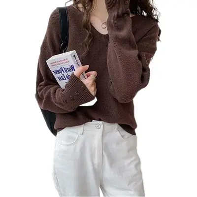 V-Neck Pullover Sweater Women Spring Knitted Button Cuff