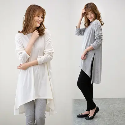 Women Loose Long Sleeve T-Shirt White Grey Pants