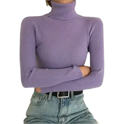 Women 2025 Warm Knit Turtleneck Red Slim Fit