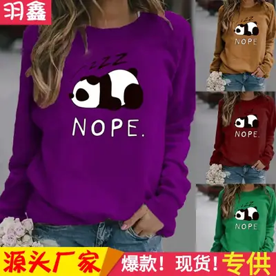 Women Blue NOPE Panda Sweatshirt Long Sleeve Crew Neck