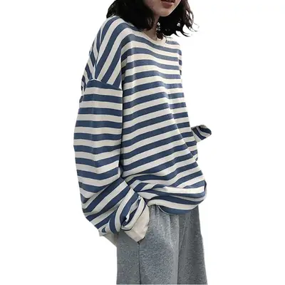 Women Cotton Striped Long Sleeve Jacket Sweatshirt