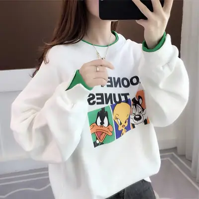 Women Fake Two-Piece Sweater Set White Green Cartoon Print