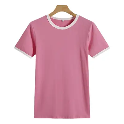 Women Pink T-Shirt Short Sleeve Contrast White Trim