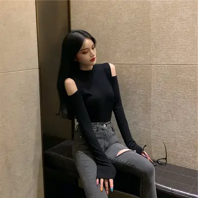 Autumn New Korean Style Off-Shoulder Long Sleeve T-Shirt Women