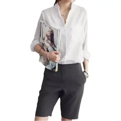 Women Cotton Linen Long Sleeve Shirt Blue Loose Fit