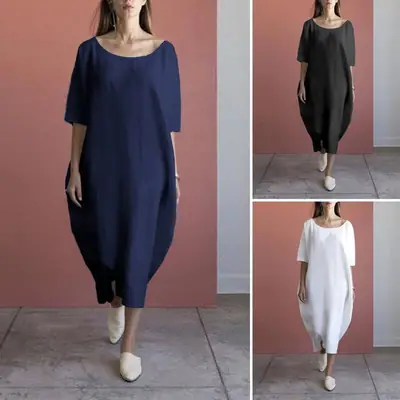 Women Cotton Linen Beach Midi Dress White Loose Long