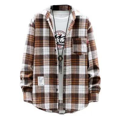 Korean Plaid Long Sleeve Men's Shirt Brown White