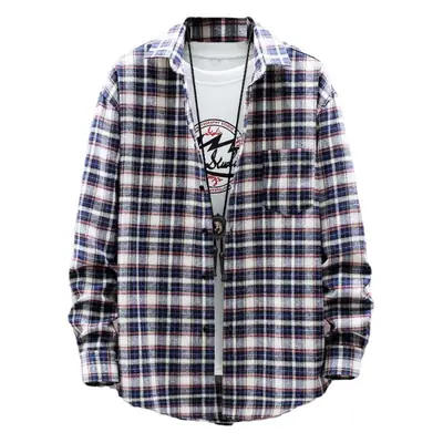 Men Plaid Long Sleeve Shirt Korean Style Loose Casual