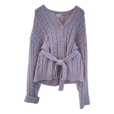 Women V Neck Knitted Cardigan with Twist Waist