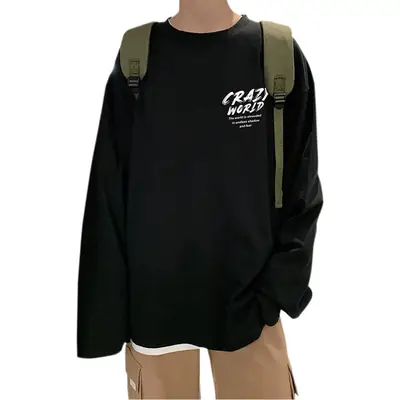 Men Black Long Sleeve T-Shirt Casual Hong Kong Style Loose Fit