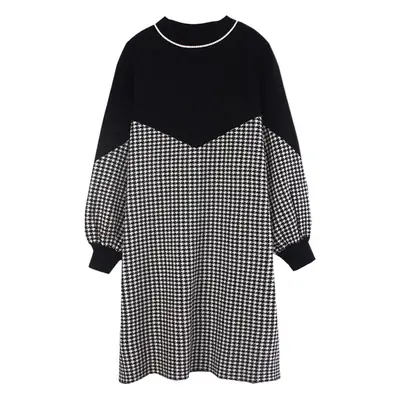 Pregnant Women's Black Houndstooth Mid-length Dress