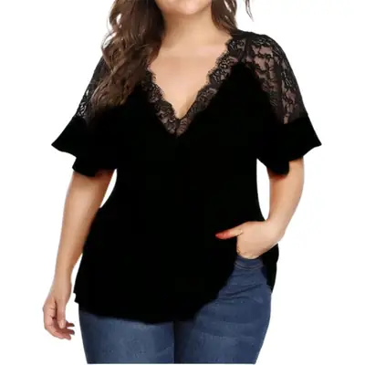 Plus Size V-Neck Lace Short Sleeve Blue Top