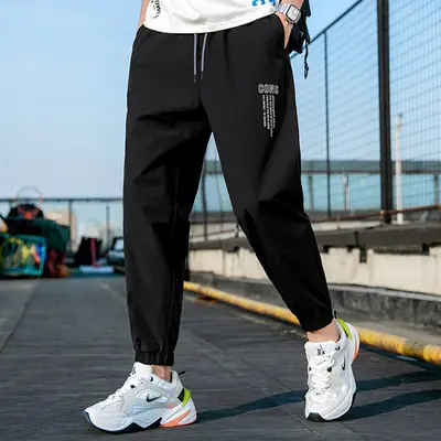 2025 Men Grey Printed Casual Pants Loose Sports Wear