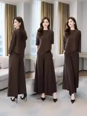 Women's Brown Long Sleeve Trousers Pullover Set 2024