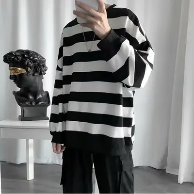 Men Striped Long Sleeve Sweater Autumn Winter Korean Style