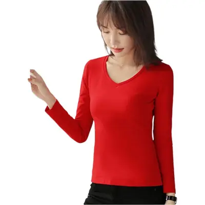 2020 Women Red V-Neck Pure Cotton T-Shirt