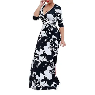 2026 Plus Size Floral Tie Waist V-Neck Dress